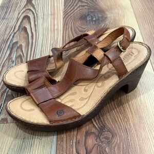 Born 10 Women's Brown Leather Slingback Sandal Heel